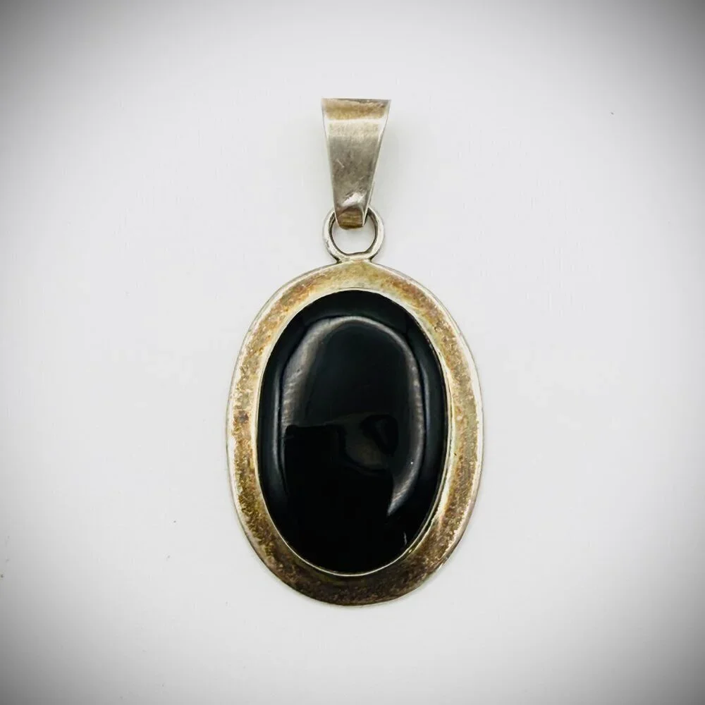 Taxco Mexico Sterling Black Onyx Pendant 2" - Picture 2 of 4